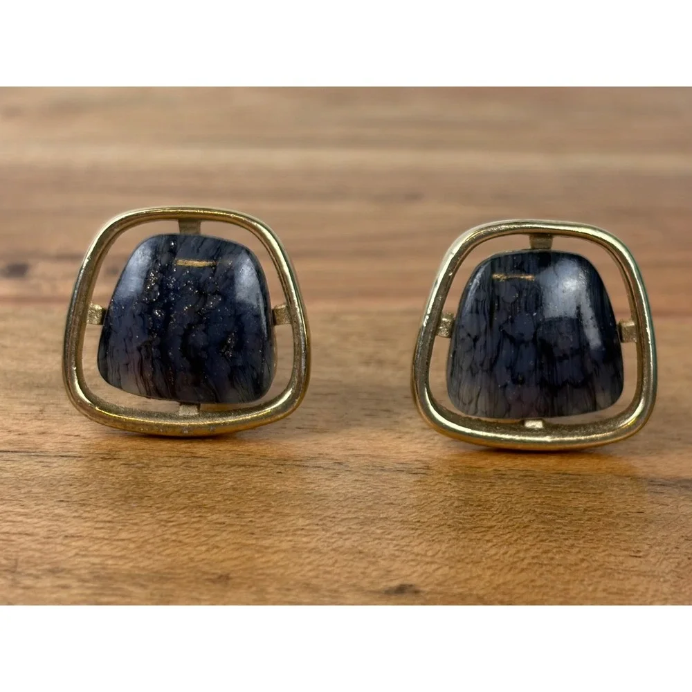 Hickok Cufflinks Blue Gray Gold Vintage MCM Marbled Stone Old Money Toggle